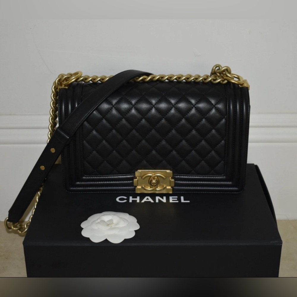 Large Boy Chanel Handbag Grained Calfskin GoldTone Metal Black Authenticity Card